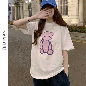Yedinas Bear Karikatür Baskı T-shirt Kadın Yaz Beyaz T Shirt Boy Kore Tarzı Harajuku Kawaii T-Shirt Y2K Estetik Top 210527