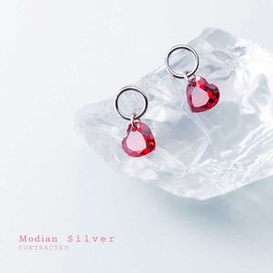 Drop Kolczyki Dla Kobiet Charm Red Hearts Ruby Minimalist 925 Sterling Silver Circle Dangle Kolczyk Koreański Biżuteria mody 210707