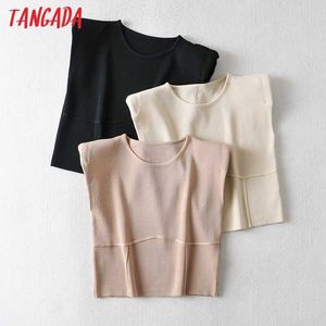 Tangada Kvinnor Fashion Shoulder Pads Sweater Jumper Ärmlös Pullovers Chic Tops AI06 210714