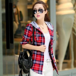 New Arrival 2020 Autumn Cotton Long Sleeve Red Checked Plaid Shirt Women Hoodie Casual Fit Blouse Plus Size Sweatshirt X0629
