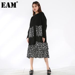 [EAM] Kobiety Czarny List Drukowane Ruffles Duży Rozmiar Dress Round Neck Z Długim Rękawem Loose Fit Moda Wiosna Jesień 1Z481 21512