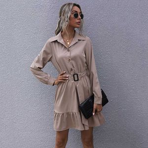 Ladies Office Long Sleeve Dress Button Solid Color Turn Down Collar Ruffle Folds Casual Streetwear High Waist Above Knee Dresses 210608