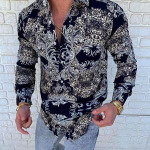 Men's Casual Shirts Fashion For Men Long Sleeve Floral Print Shirt Autumn Dress Camisa Button Turn-Down Collar Male Top