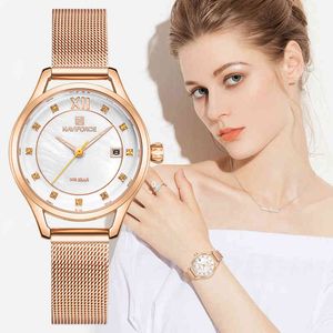 Naviforceファッション女性腕時計レディーストップブランド高級ステンレススチールデートクォーツ女の子時計防水ブレスレットウォッチ210517