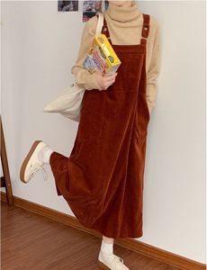 2 colori autunno abito lungo stile coreano colore solido allentato vintage vestito dalla cinghia di spaghetti delle donne vestito dal carro armato di velluto a coste (X1668) 210423