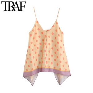 Traf Women Fashion Polka Dot Asymmetric Bluses Vintage Rygglös justerbara tunna remmar kvinnliga skjortor Blusa Chic Topps 210415