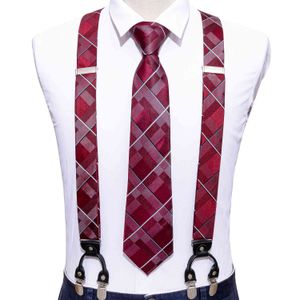 Red Fashion Novelty Adjustable Y-Back Silk Set Neck Tie For Men Party Wedding Y-Shape 6 Clip Suspenders BarryWang