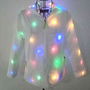 LED発光性能服ハロウィーンナイトクラブネットレッドフード付きコート男性と女性211207