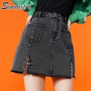 Surmiitro夏のファッションブラックデニムスカート女性韓国風スプリットハイウエストAラインミニジーンズスカート女性210712