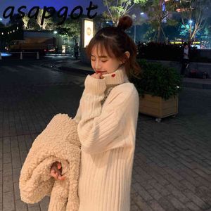 Winter Korean Chic Thick Long Turtleneck Love Heart Embroidery Knitted Dress Casual Loose Waist Sleeve Sweater Wild 210429