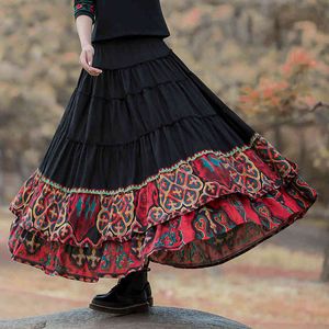 Johnature Vintage Long Skirt Patchwork Retro Women Clothes Autumn National Style All-match Leisure Loose Women Skirts 210521