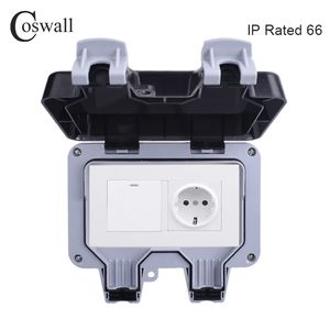 Coswall IP66 Weatherproof Waterproof Outdoor Wall Power Socket A EU Standard Outlet With Gang Way On Off Light Switch