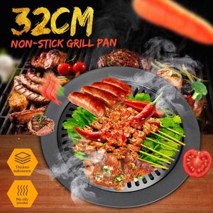 Non-stick bärbar koreansk grillgrillar rund panna grillgrill för utomhus koldioxidgrill BBQ Tillbehör Verktyg Easy Clean 210724