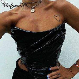 Colysmo Leder Korsett Top gerafft rückenfrei schwarz 2 Lagen elastisch trägerlos Reißverschluss Sexy Bustier Tops Frauen Party Club Outfits 210527