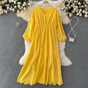 Vintage Yellow/Purple/Blue Hollow Out Midi Dress Women Casual Puff Long Sleeve Loose Embroidered Vestidos Female Spring Autumn Y0603