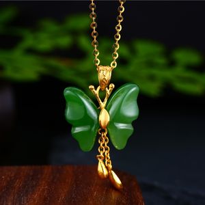 UBESTNICE Classic Genuine 18K Yellow Gold Natural Jasper Butterfly Pendant Fine Jewelry AU750 Necklaces For Women Party Gift