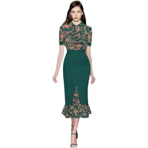 HIGH QUALITY est Designer Runway Fashion Women's Short Sleeve Floral Blouse Shirt Patchwork Skirt Set 210526