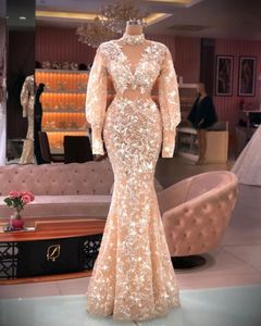 Sparkle Mermaid Champagne Evening Dresses Long Sleeves Sequin Applique Prom Gowns for Women Party High Neck Robe de Soire Femme 322