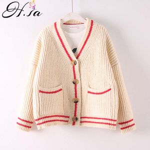 HSA Kobiety Casual Vneck Loose Style Paski przycisk Sweter Kobiet Knit Cardigans and Jacket Ciepłe 210417