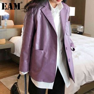 [EAM] Loose Fit Purple Big Size PU Leather Jacket Lapel Long Sleeve Women Coat Fashion Spring Autumn 1DD6473 21512