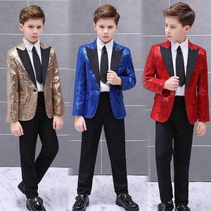 2020 Moda Ouro Ternos de Festa de Baile para Meninos Brilhantes Performance de Palco Meninos Tuxedo Kid Casamento Formal Blazer com Calça Conjunto 2 peças X0909