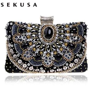 SEKUSA Saldi Piccola pochette con perline Elegante borsa da sera nera Borsa da cerimonia nuziale Borsa a tracolla con catena in metallo 210823