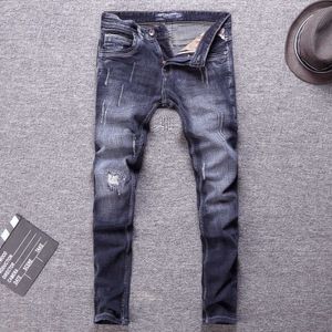 Włoski Styl Moda Mężczyźni Jeans Retro Czarny Niebieski Elastyczna Bawełna Zgrywanie Do Vintage Designer Slim Fit Denim Spodnie Homme