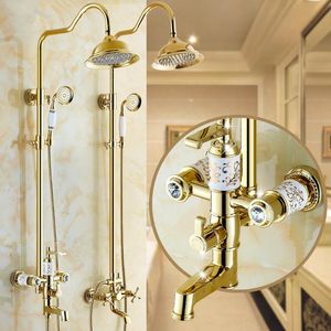Solid bronze corpo cerâmico e cristal ouro chuveiro conjunto torneira europeia 8 polegadas cabeça polida ajuste de levantamento braço conjuntos de banheiro