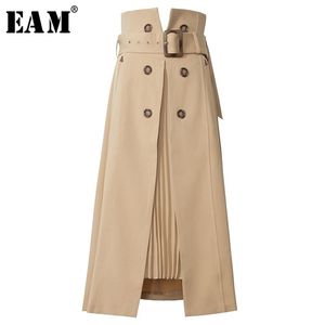 [EAM] High Waist Brown Bandage Asymmetrical Pleated Temperament Half-body Skirt Women Fashion Spring Autumn 1S4 210621