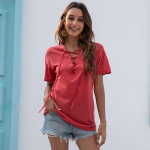 Women Short Sleeve T-Shirts Fashion Bandage V-Neck Hollow Out Summer Tees Tops Loose Casual White Black Lady T-Shirts Plus Size 210507