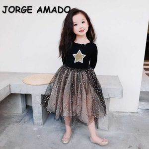 Wholesale Spring Girl Dresses Long Sleeves Sequined Top+Starry Sky Sequins Princess for Girls Party E008 210610