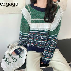 Ezgaga Patchwork Sweater Kvinnor Höst Långärmad Preppy Style Loose Ruffles Printed Lovely Knit Vest Student Koreansk Pullover 210430