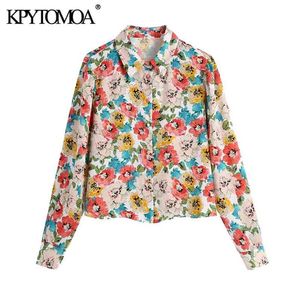 Women Fashion Floral Print Cropped Blouses Long Sleeve Button-up Female Shirts Blusas Chic Tops 210420