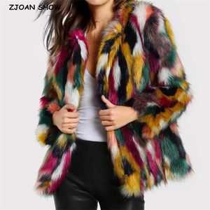 Mode Contrast Multi Color Faux Fur Coat Long Hairy Shaggy Outwear Kvinnor Höst Vinter Kort Jacka Coat Toppar 211007