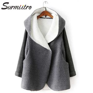 Surmiitro Cardigan con cappuccio Donne Autunno Inverno Faux Agnello di lana in pile in pile a maniche lunghe maglione femmina calda giacca lunga cappotto 210712