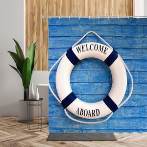 Shower Curtains Wooden Stripe Curtain Bathroom Decor Lifebuoy Wood Backdrop 3D Waterproof Printed Fabric Bath Room Set With Hook