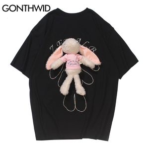 T-Shirts Hip Hop Casual Streetwear Embroidery Hung Toy Rabbit Short Sleeve Tees Cotton Loose Summer Men Harajuku Tops 210602