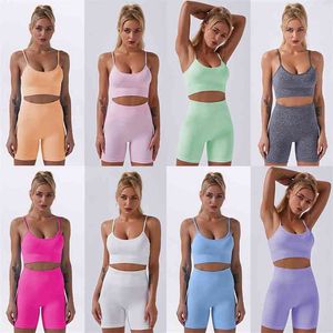 Ueteey Frauen Yoga Kleidung 2 Stück Sets Nahtlose BH + Leggings Shorts Fitness Sport Runing Gym Set Großhandel Drop 210802