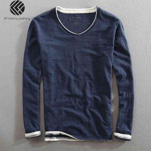 Men Spring Autumn Fashion Brand China Style Bamboo Cotton Fake Two Pieces V-neck Long Sleeve T-shirt Male Casual Thin Tee Tshirt Y0322