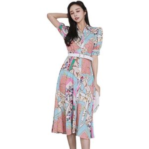 Maxi Elegante Print Kleid Koreanische Damen Sexy Sommer Kurzarm Kabarett Party lang Eine Linie Kleider für Frauen 210602