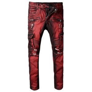 New Fashion Men's Jeans Wine Red Spliced Slim Holes Ripped Jeans for Men Big Pocket Cargo Pants High Street Trousers Biker