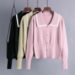 Höst Vinter Knit Cardigans Kvinnor Lapel Vintage Sweater Pearl Button Loose Women's Långärmad Doll Collar 210420