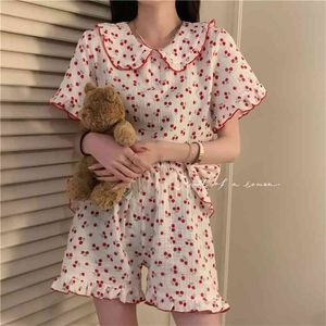 QWEEK Cotton Sleepwear Korean Pajamas for Women Summer Pijama Cherry Print Pyjamas Female Set Woman 2 Piece Cute Loungewear 210831