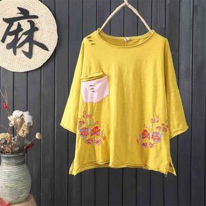 Yaz Moda Kadınlar Tshirt Artı Boyutu Gevşek Batwing Kollu Çiçek Nakış Rahat Tee Gömlek Femme 100% Pamuk ZY02 Tops 210512