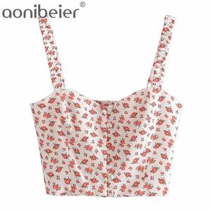 Blommor Print Sommar Ärmlös Mode Straps Shirred Back Button Front Kvinnor Slim Cami Crop Tops Kvinna Camisole 210604