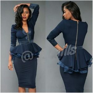 Sheath Knee Length Cocktail Evening Dresses Peplum Ruffles V Neck Zipper Långärmade Navy Blue Prom Party Gowns