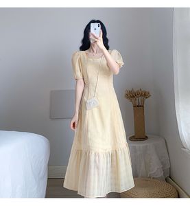 Simple and Elegant Solid Yellow Female Summer Square Collar Puff Sleeve Sashes Slim Big Swing A Line Mid-Calf Dresses 210514