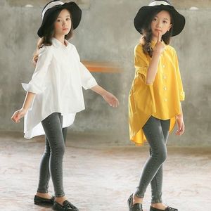 Koreanischer Stil Kinder Teenager Sommer Tops Lange Hemden für Mädchen im Teenageralter 2021 Teen Weiß Gelb Bluse 12 14 Jahre Kleidung 210331