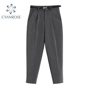 Calças Harem para Escritório Senhoras Cintura Alta Com Cinto Elegante BlackGrey Terno Calças Coreano Ol Moda Longa Calças Longas Feminino 210417