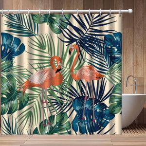 シャワーカーテン漫画フラミンゴリーフファッション3Dプリントカーテンバスルームセット防水フックバスキッズアフリカン面白い